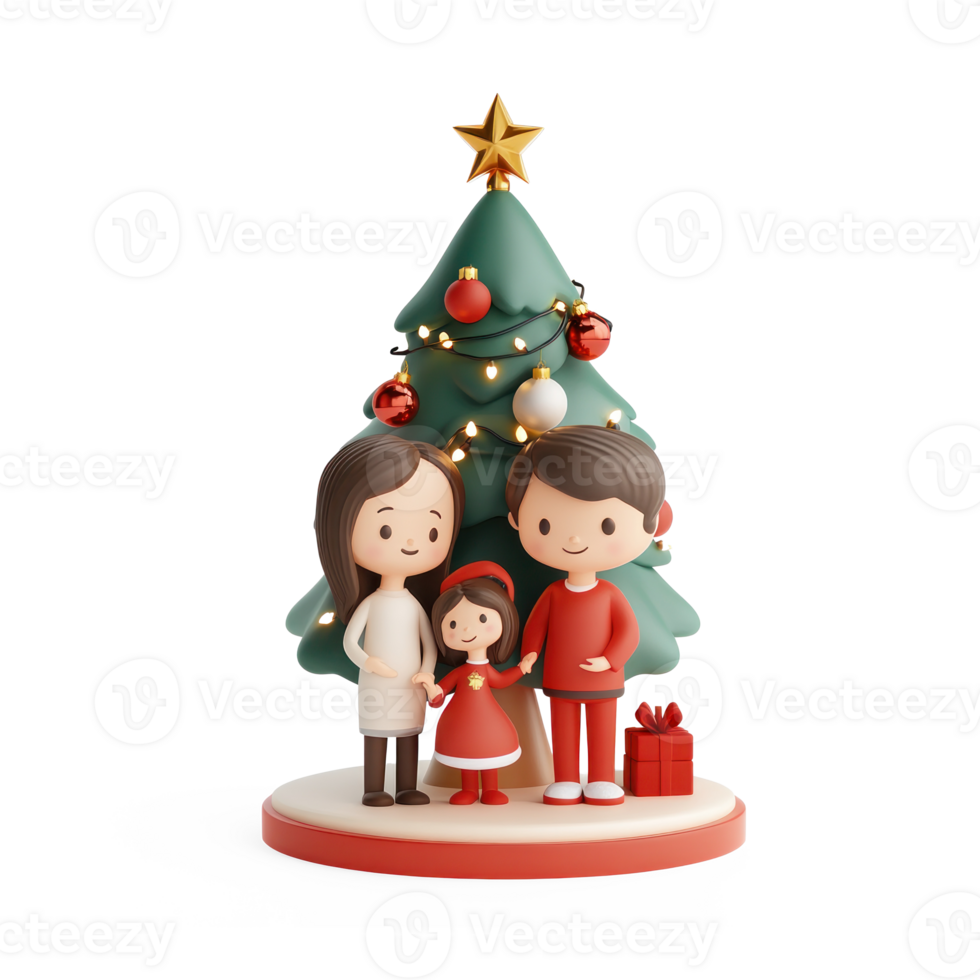 Family with Christmas tree and decoration 3D icon cartoon smooth soft light isolate on transparent background png