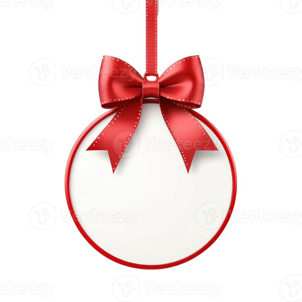 Red and white Round Christmas sale tag with ribbon and bow hanging 3D icon cartoon smooth soft light isolate on transparent background png