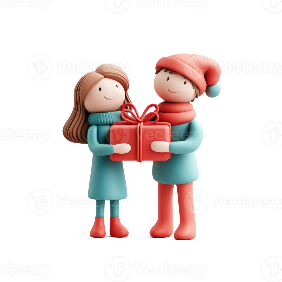 Couple giving Christmas red present 3D icon isolate on transparent background png