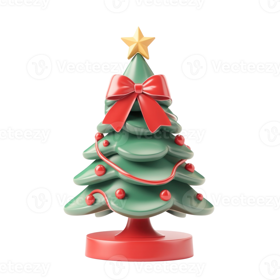 Christmas tree with ribbon and bow 3D icon cartoon minimalist isolate on transparent background png
