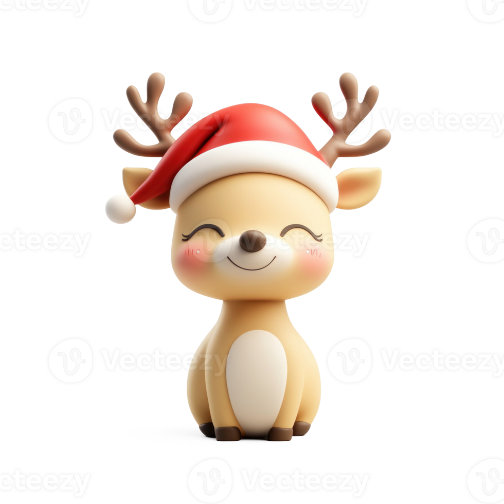 Smiling reindeer wearing red santa's hat 3D icon isolate on transparent background png