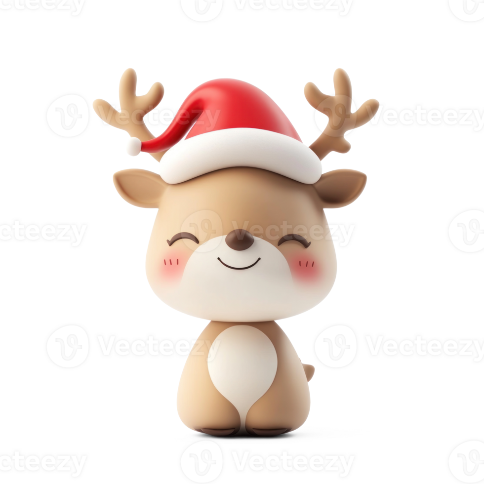 Smiling reindeer wearing red santa's hat 3D icon isolate on transparent background png