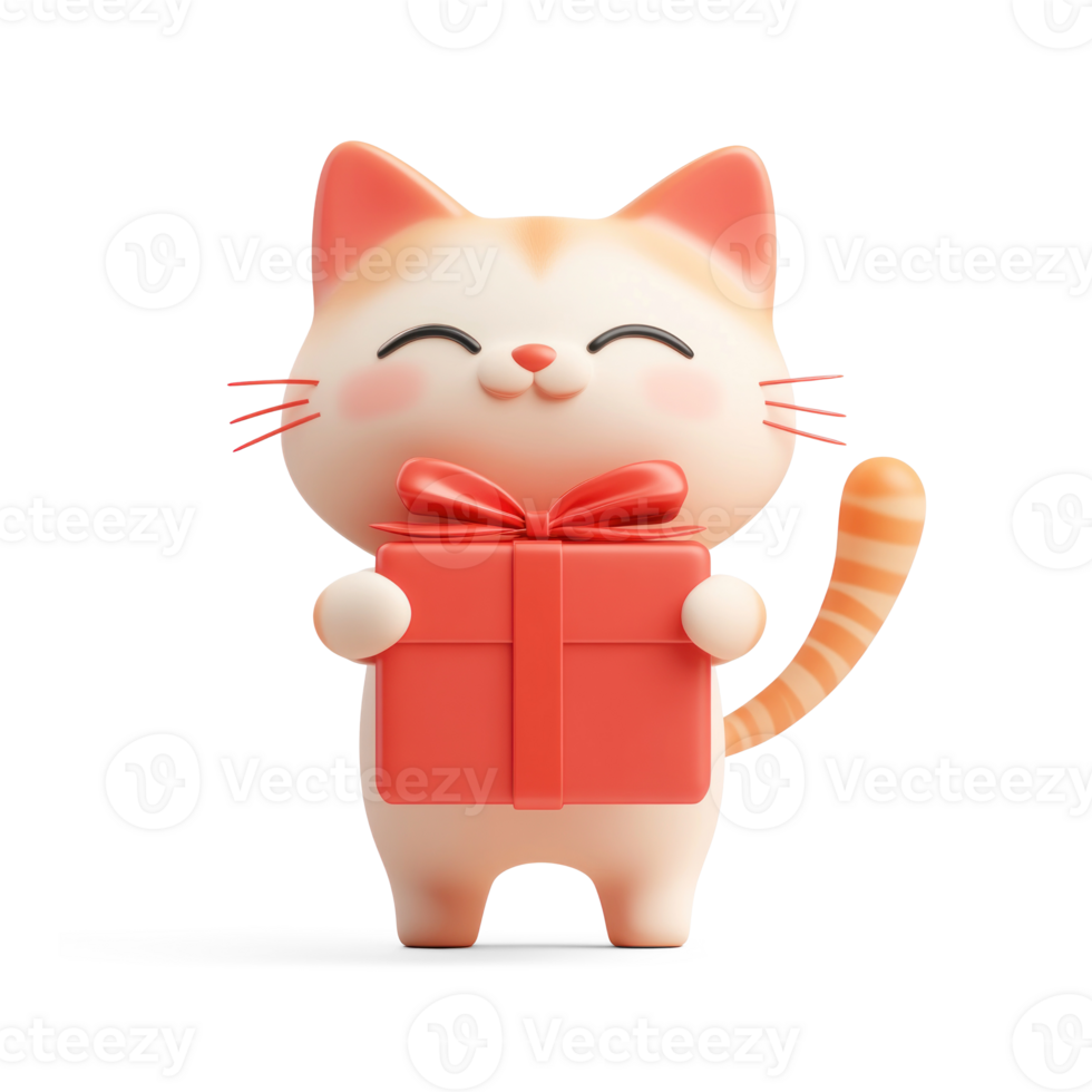 Cat holding red gift box 3D icon cartoon smooth soft light isolate on transparent background png