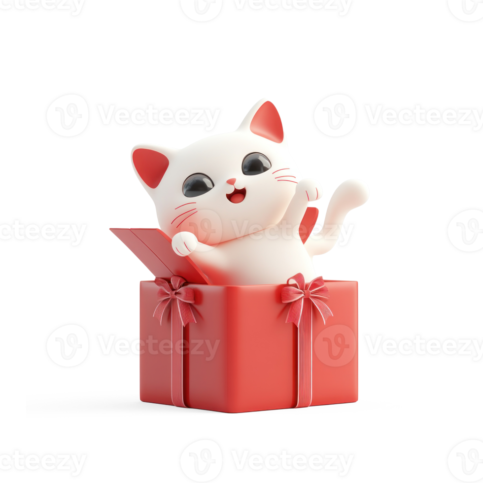 Cat coming out of the red gift box 3D icon cartoon smooth soft light isolate on transparent background png