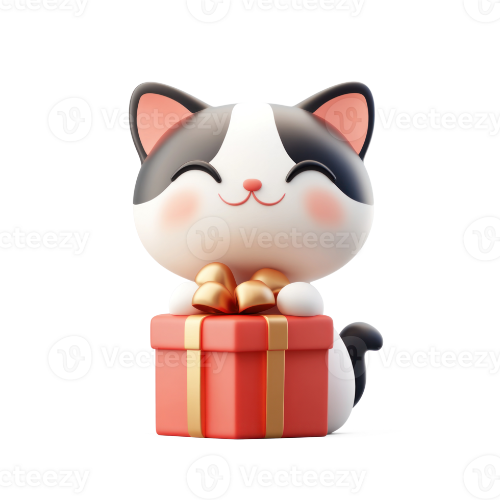 Cat sitting on red gift box 3D icon cartoon smooth soft light isolate on transparent background png