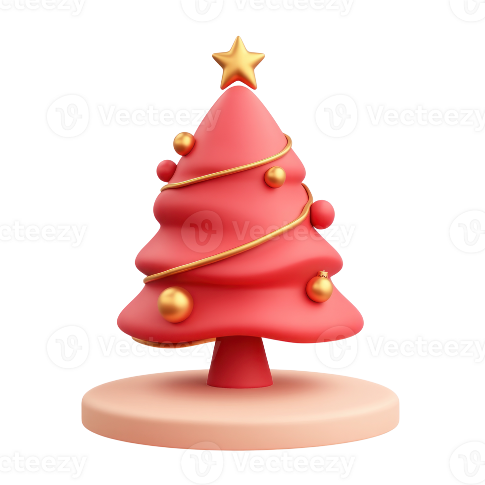 Chrismas tree with decoration red and gold 3D icon cartoon minimalist isolate on transparent background png