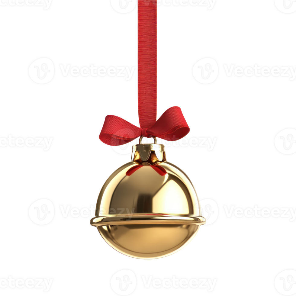 Gold christmas jingle bell with red ribbon hanging 3D icon cartoon round edges isolate on transparent background png