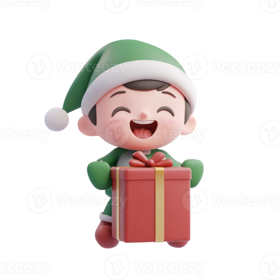 Elf opening his red present, wearing green costume, smiling and excited 3D icon isolate on transparent background png