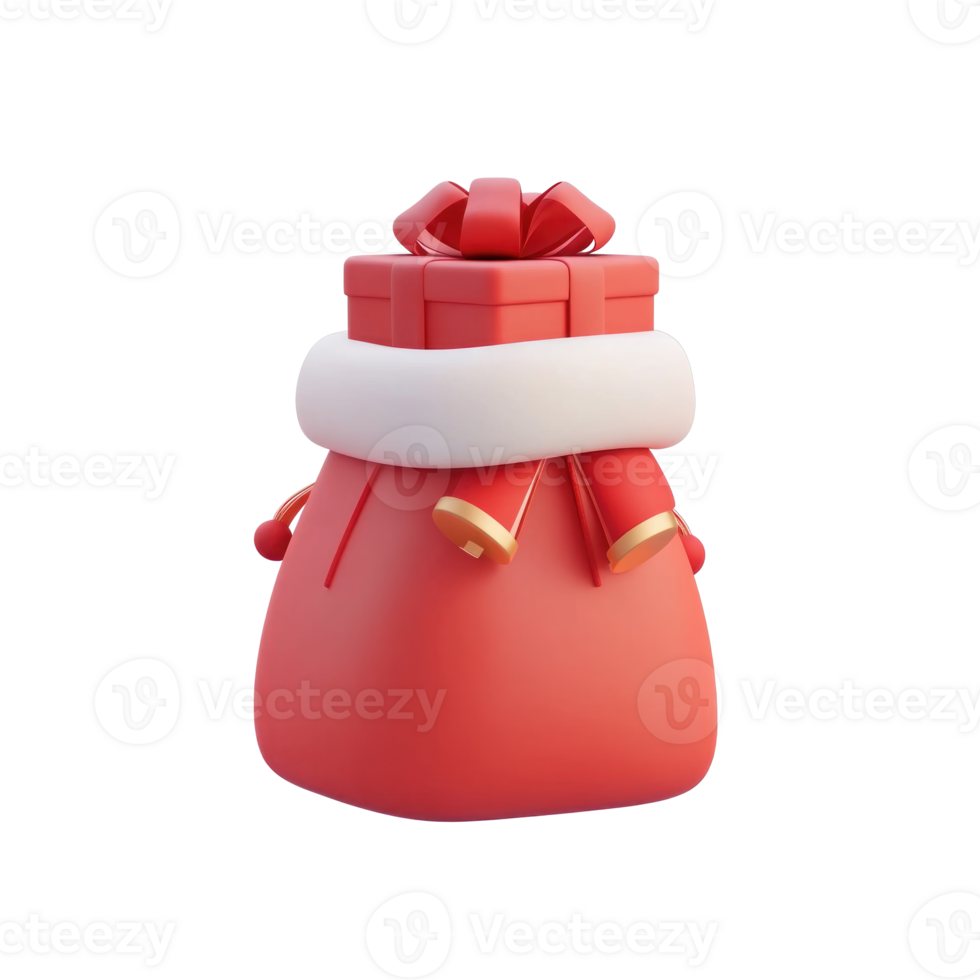 Red Christmas presents in a Santa's bag 3D icon cartoon smooth soft light isolate on transparent background png