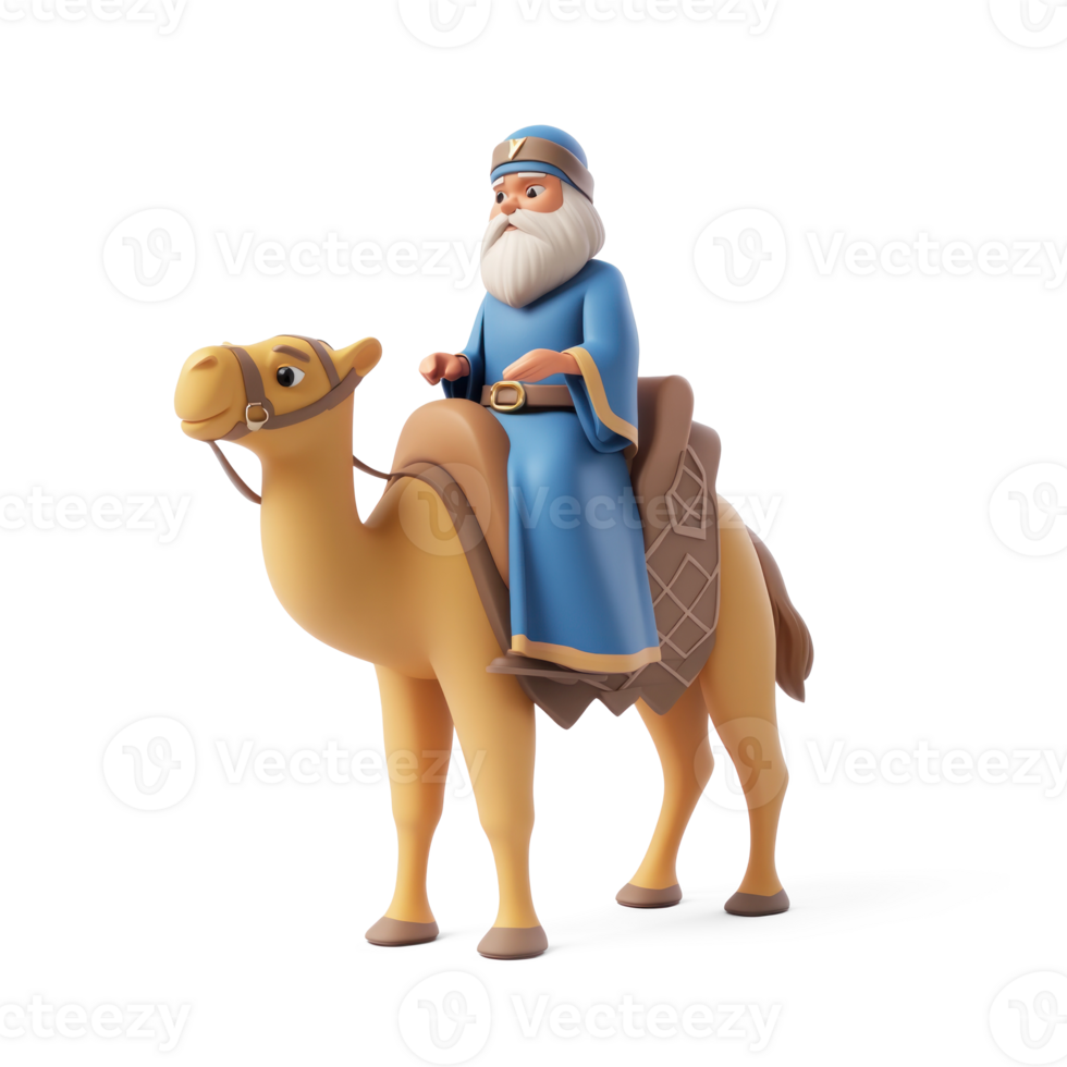 Wise man riding camel 3D icon cartoon smooth soft light isolate on transparent background png