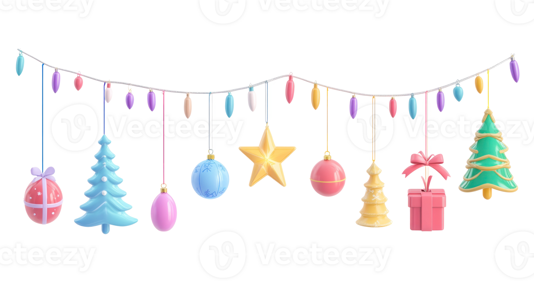 Christmas garland colorful Star, ball, icicle, cone, fir tree, present box hanging 3D icon cartoon isolate on transparent background png