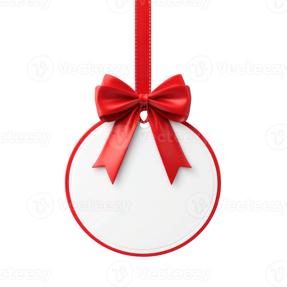Red and white Round Christmas sale tag with ribbon and bow hanging 3D icon cartoon smooth soft light isolate on transparent background png