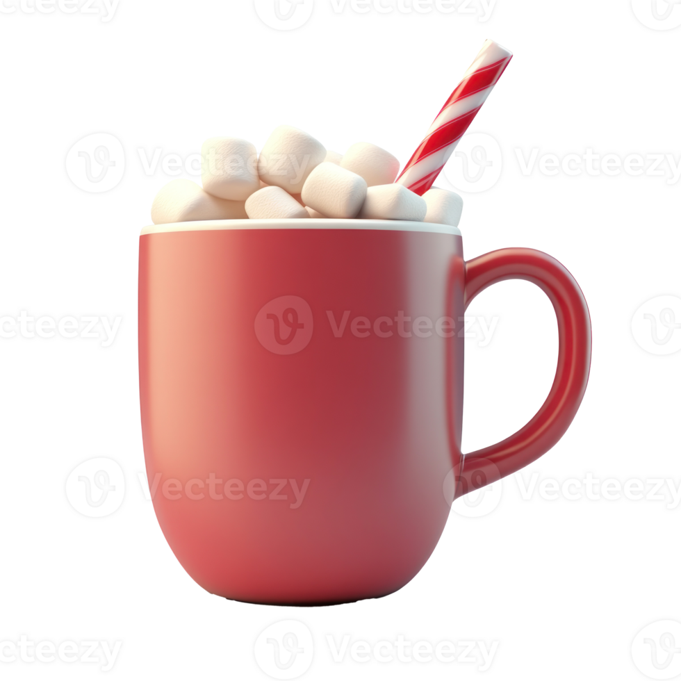 Red Hot chocolate mug with candy cane and marshmallows 3D icon cartoon smooth soft light isolate on transparent background png