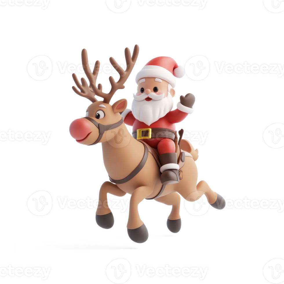 Santa riding reindeer 3D icon cartoon smooth soft light isolate on transparent background png