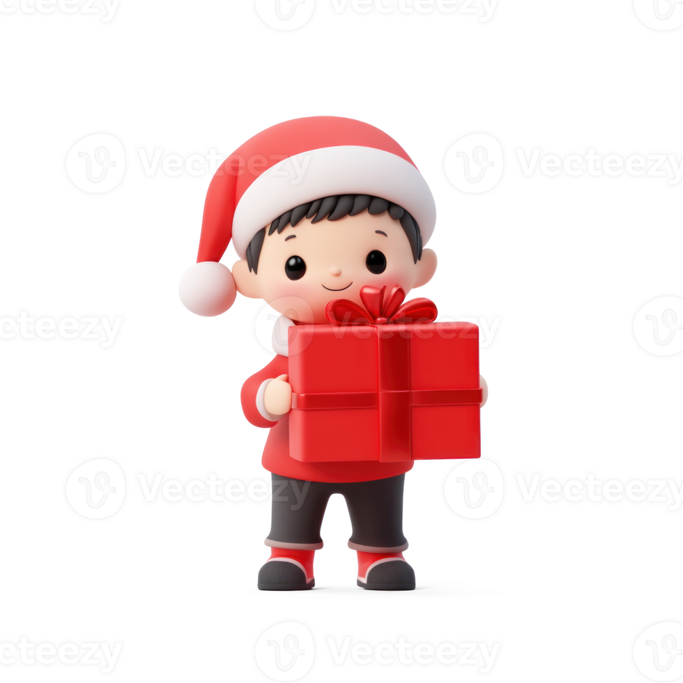 Little kid holding christmas red gift box 3D icon isolate on transparent background png