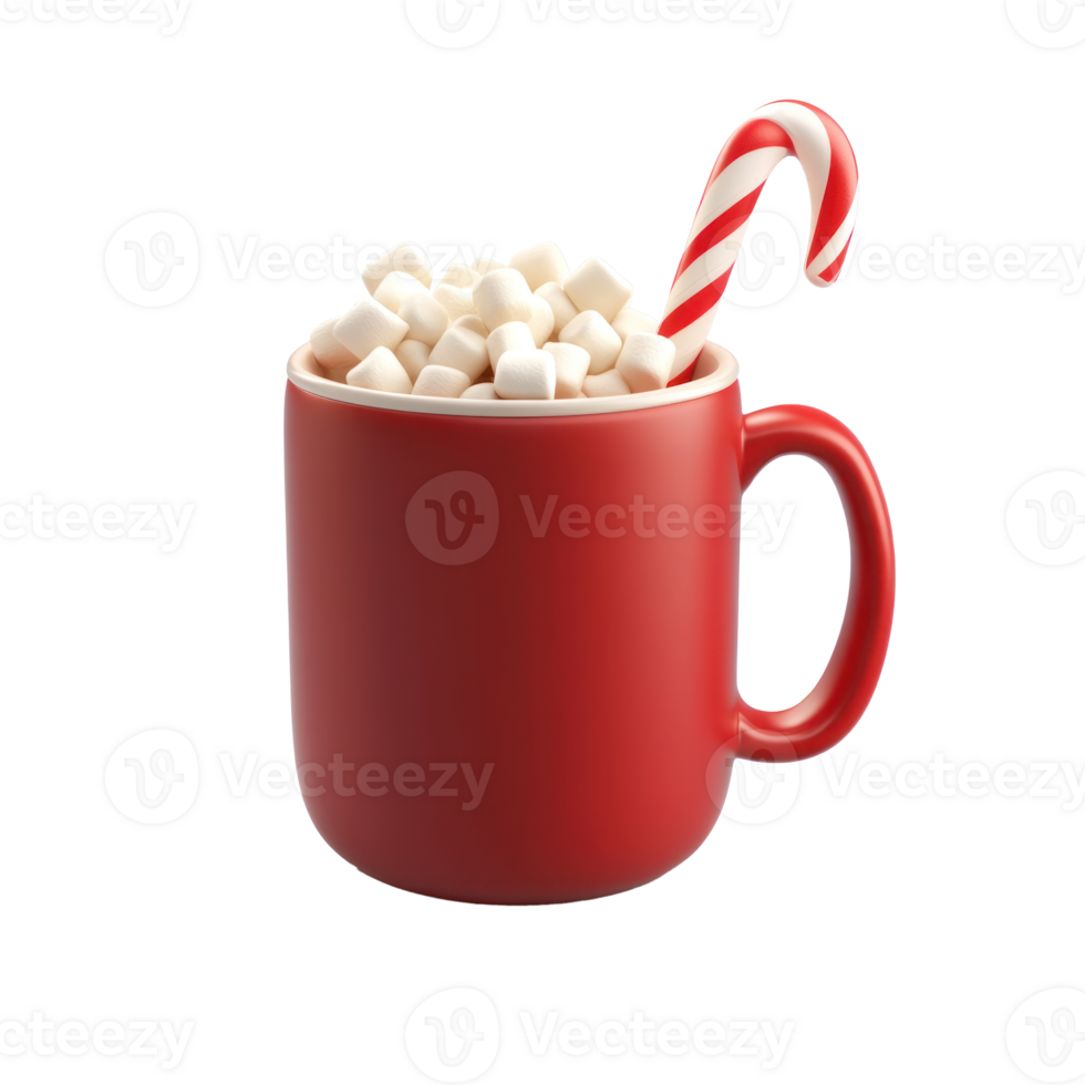 Red Hot chocolate mug with candy cane and marshmallows 3D icon cartoon smooth soft light isolate on transparent background png