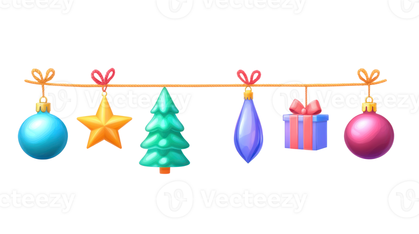 Christmas garland colorful Star, ball, icicle, cone, fir tree, present box hanging 3D icon cartoon isolate on transparent background png