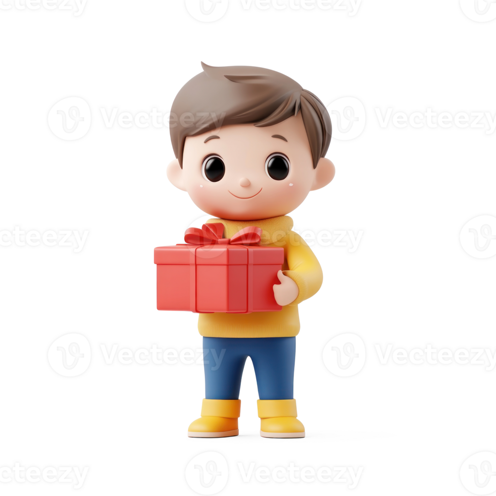 Little kid holding christmas red gift box 3D icon isolate on transparent background png