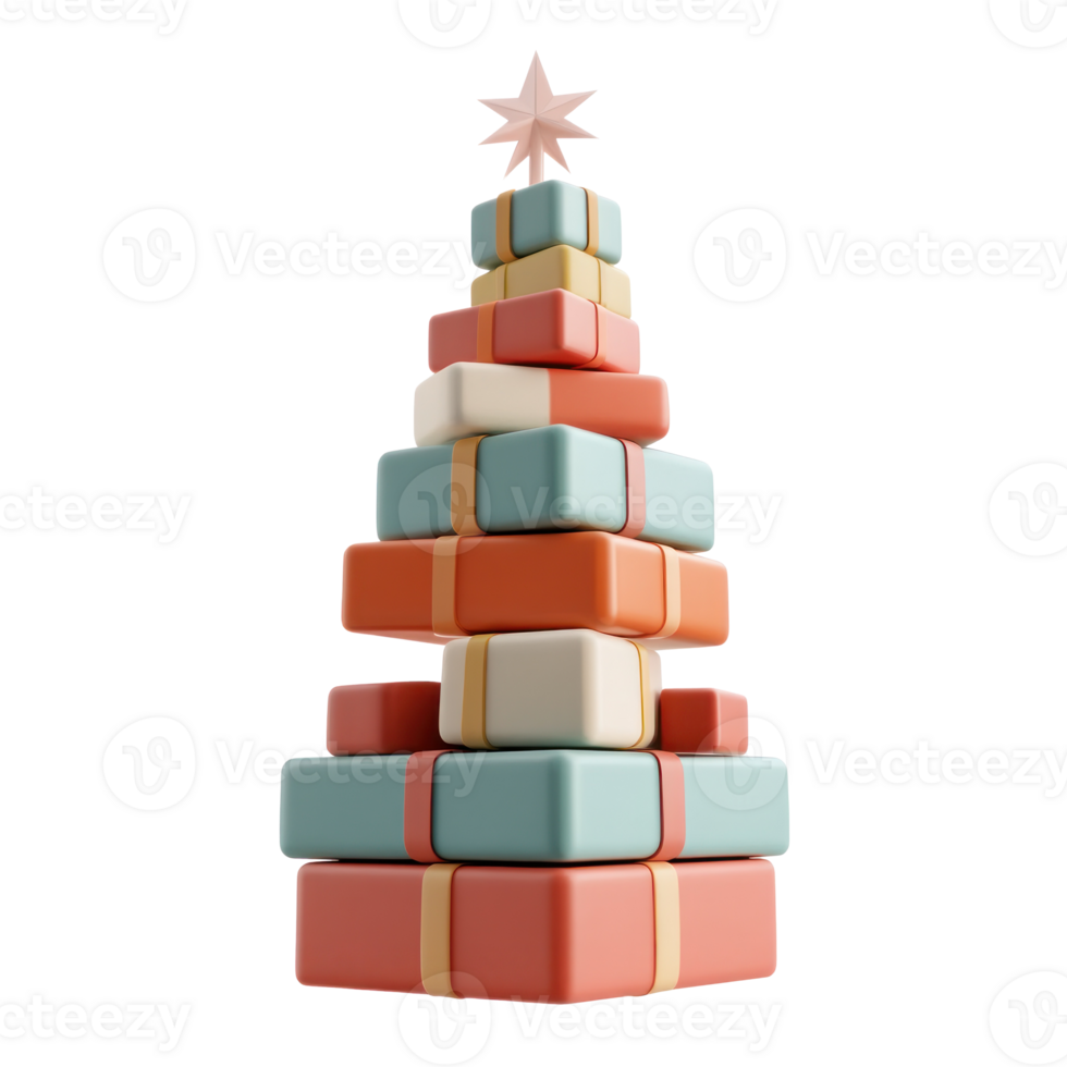Christmas tree made from gift boxes 3D icon cartoon minimalist isolate on transparent background png