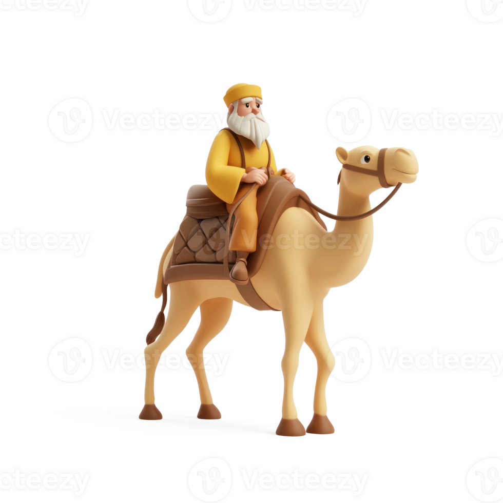 Wise man riding camel 3D icon cartoon smooth soft light isolate on transparent background png