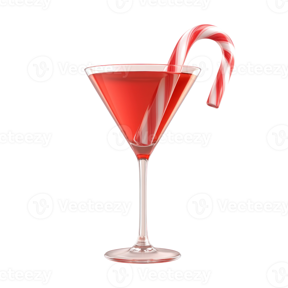 Red martini with a candy cane 3D icon cartoon smooth soft light isolate on transparent background png