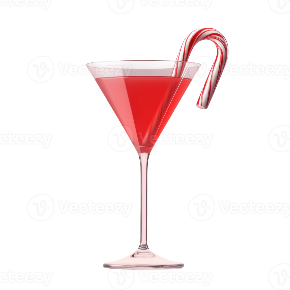 Red martini with a candy cane 3D icon cartoon smooth soft light isolate on transparent background png