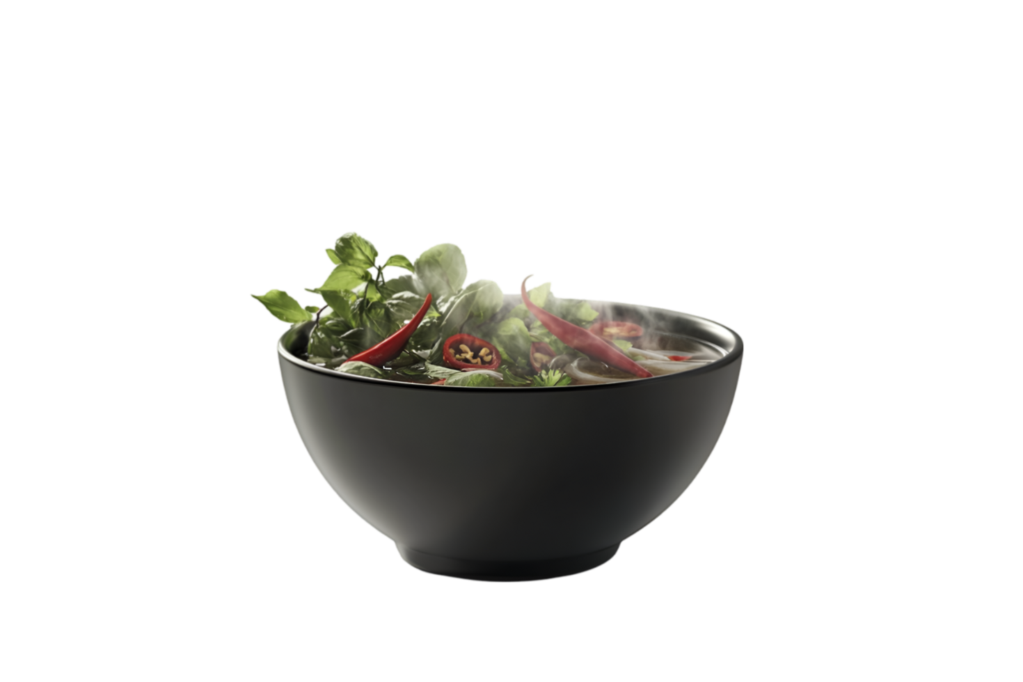 Spicy pho noodle soup with fresh herbs and chili peppers on a transparent background png