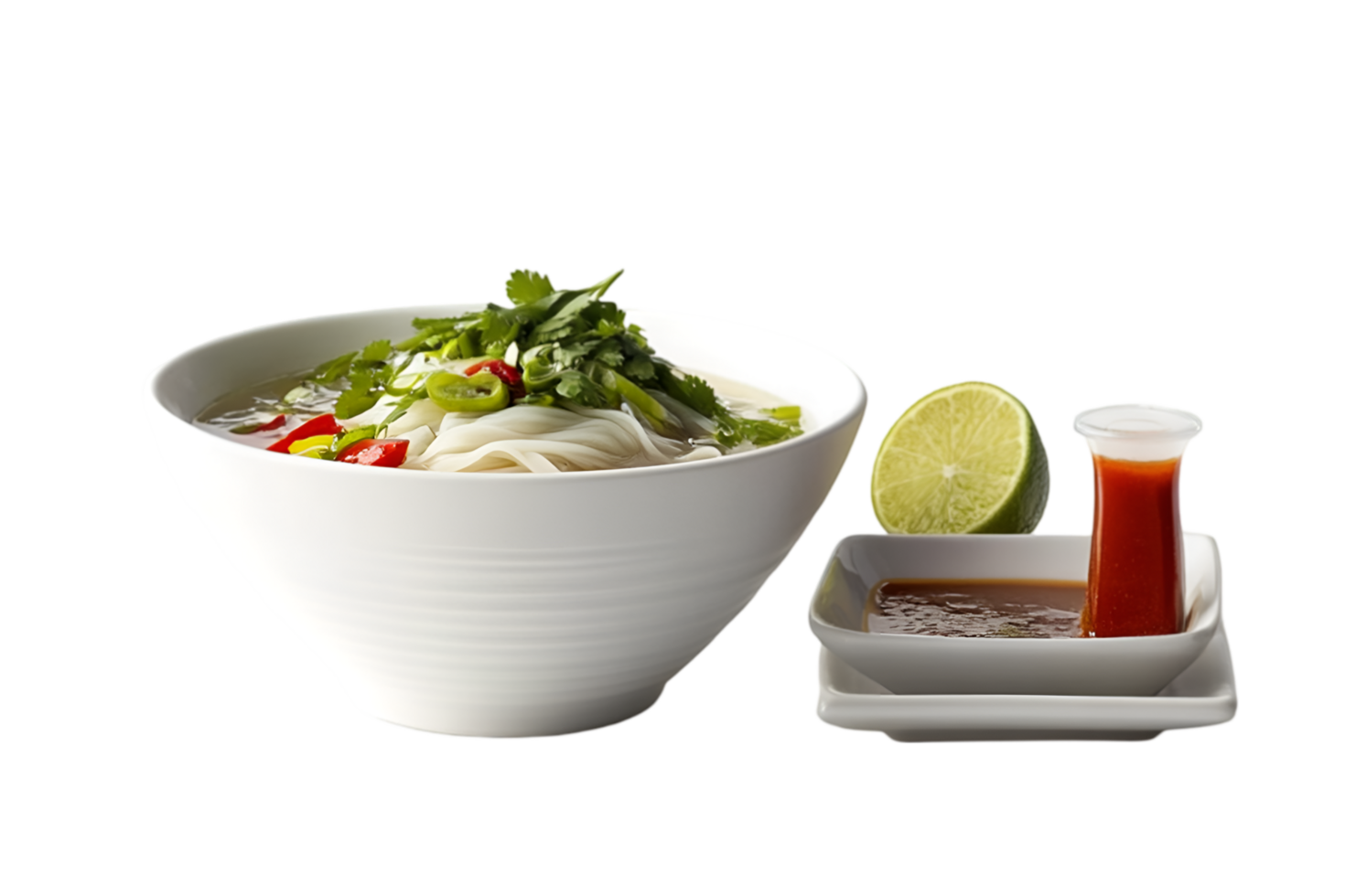 Pho noodle soup with chili peppers, lime, basil, and chopsticks on a transparent background png