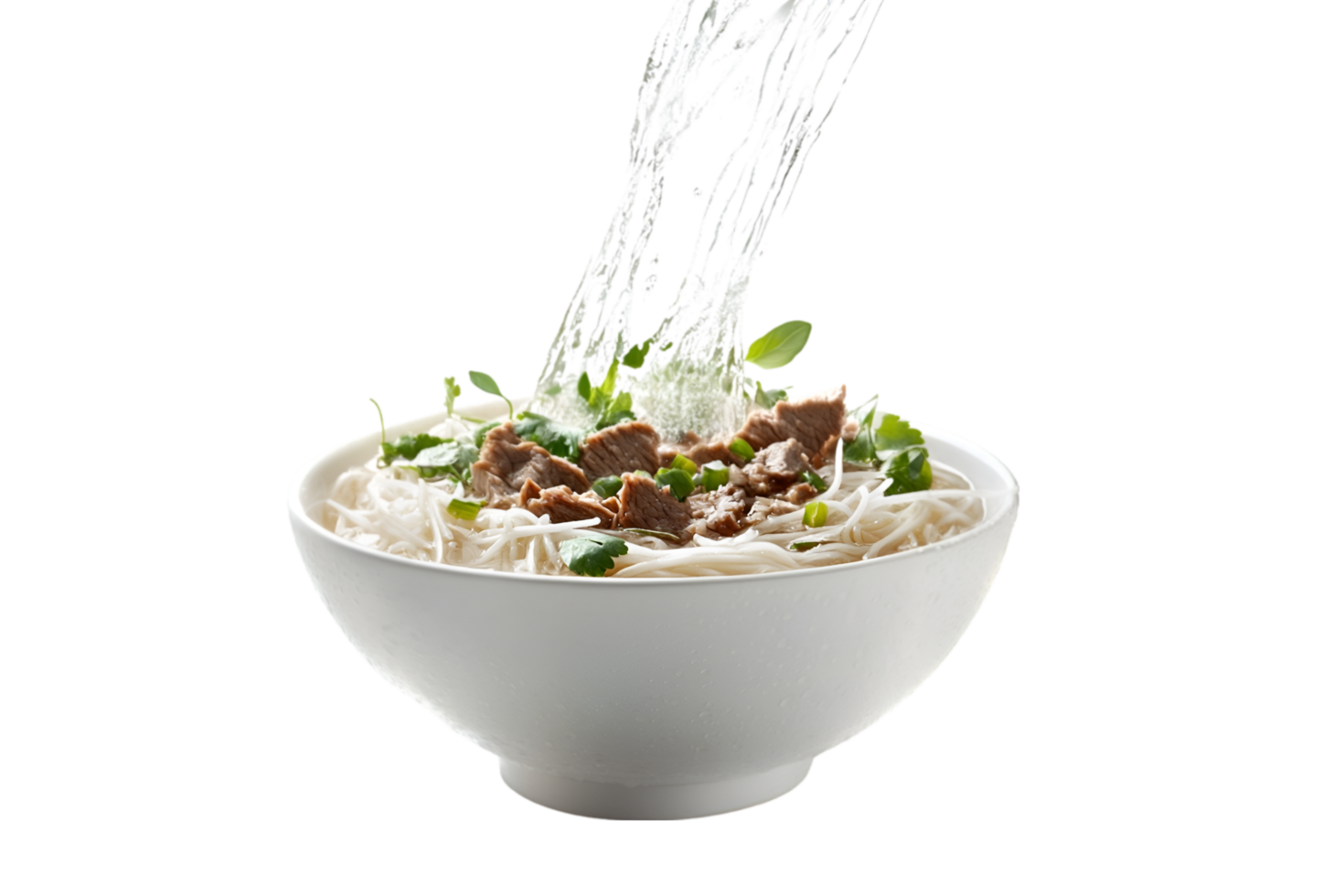 Pho noodle soup with beef and fresh herbs being poured with broth on a transparent background png