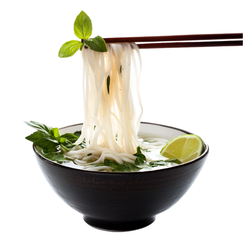 Pho noodle soup with fresh herbs and lime served with chopsticks on a transparent background png