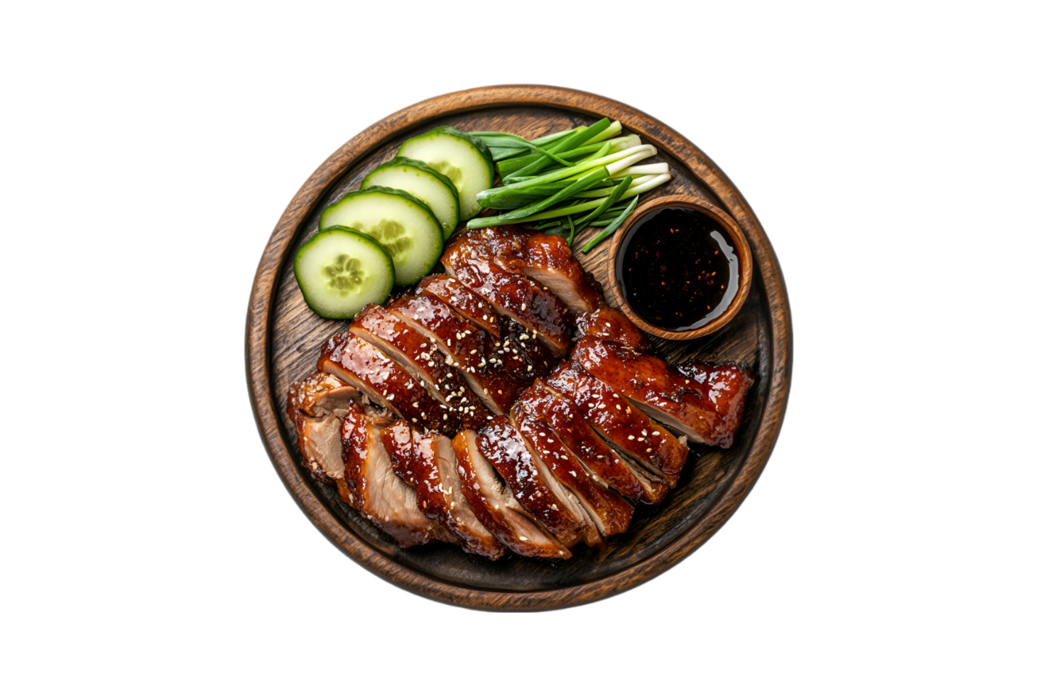 Sliced roast duck with cucumber, green onions, and sauce on a wooden plate isolated on a transparent background png