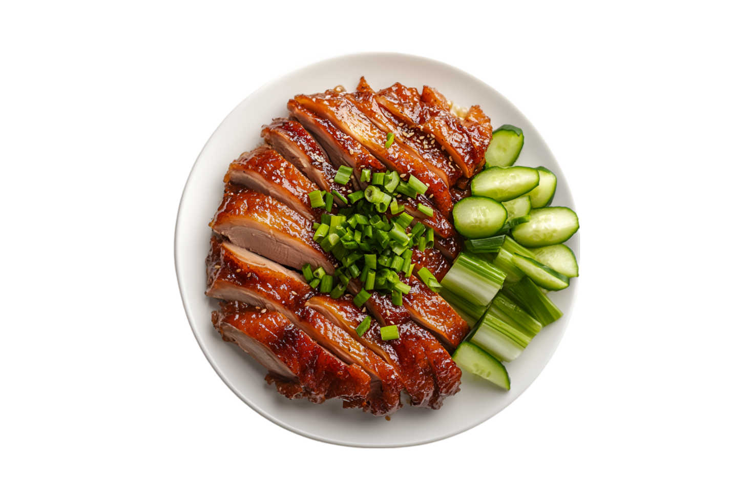 Sliced Peking duck with cucumber, green onions, and hoisin sauce isolated on a transparent background png