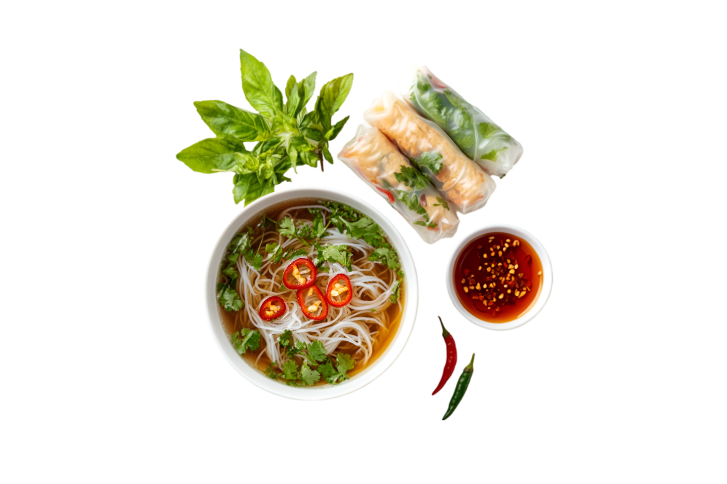 Pho noodle soup with chili, fresh herbs, spring rolls, and dipping sauce on a transparent background png