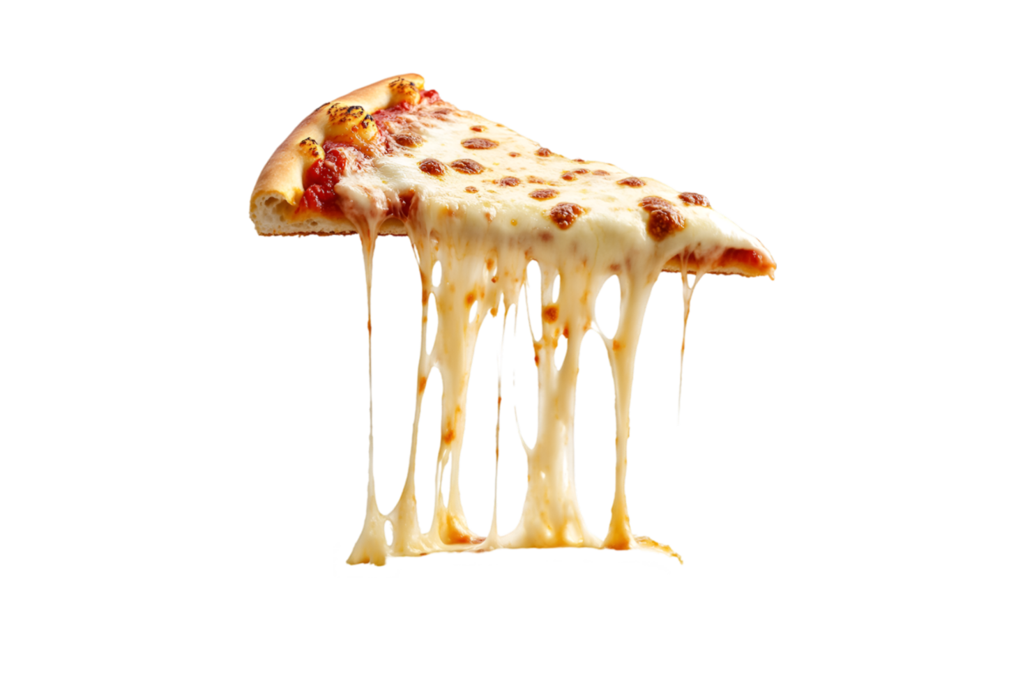 Slice of pizza with melted cheese stretching isolated on a transparent background png
