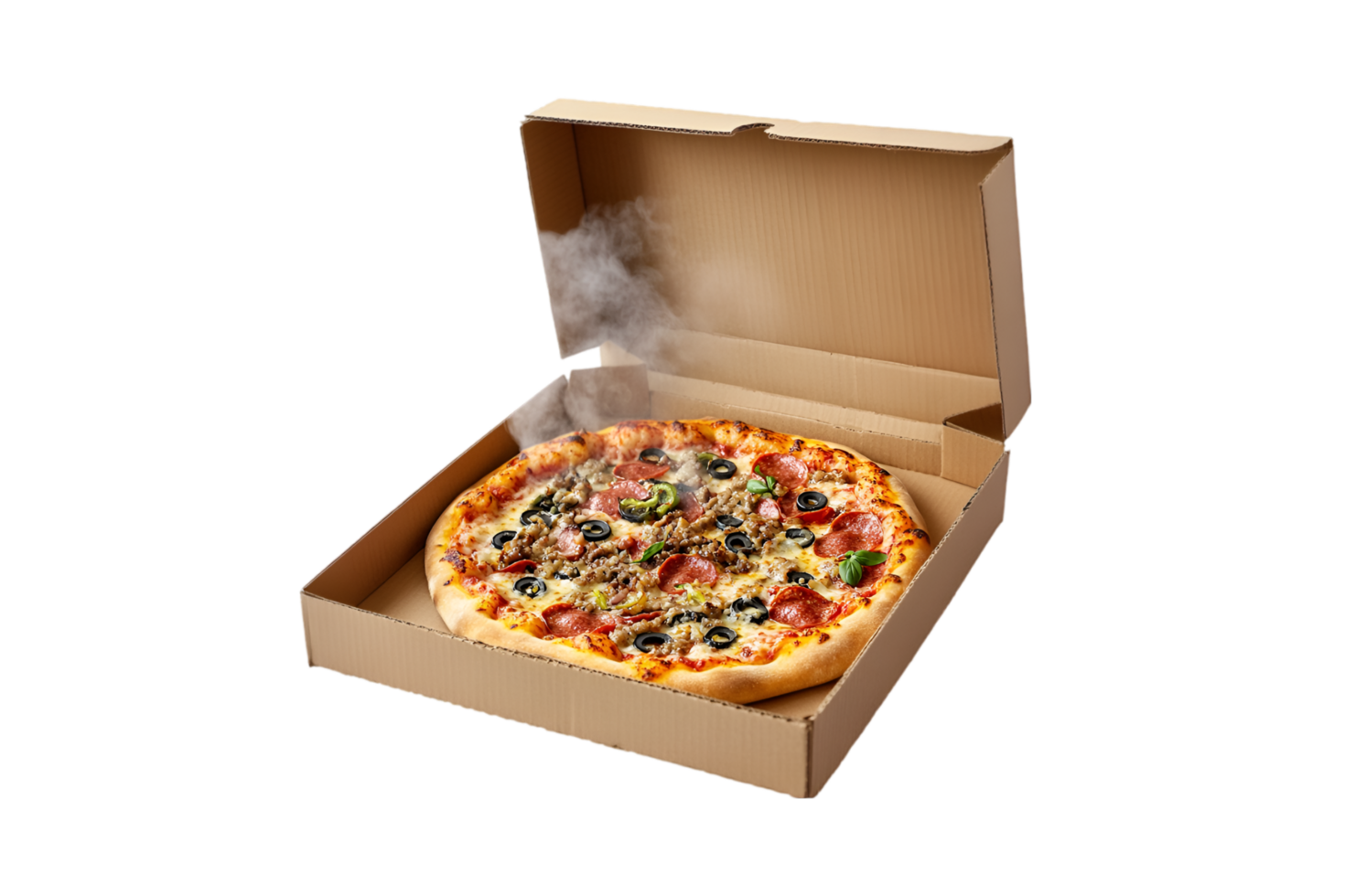 Hot pizza in an open cardboard box isolated on a transparent background png