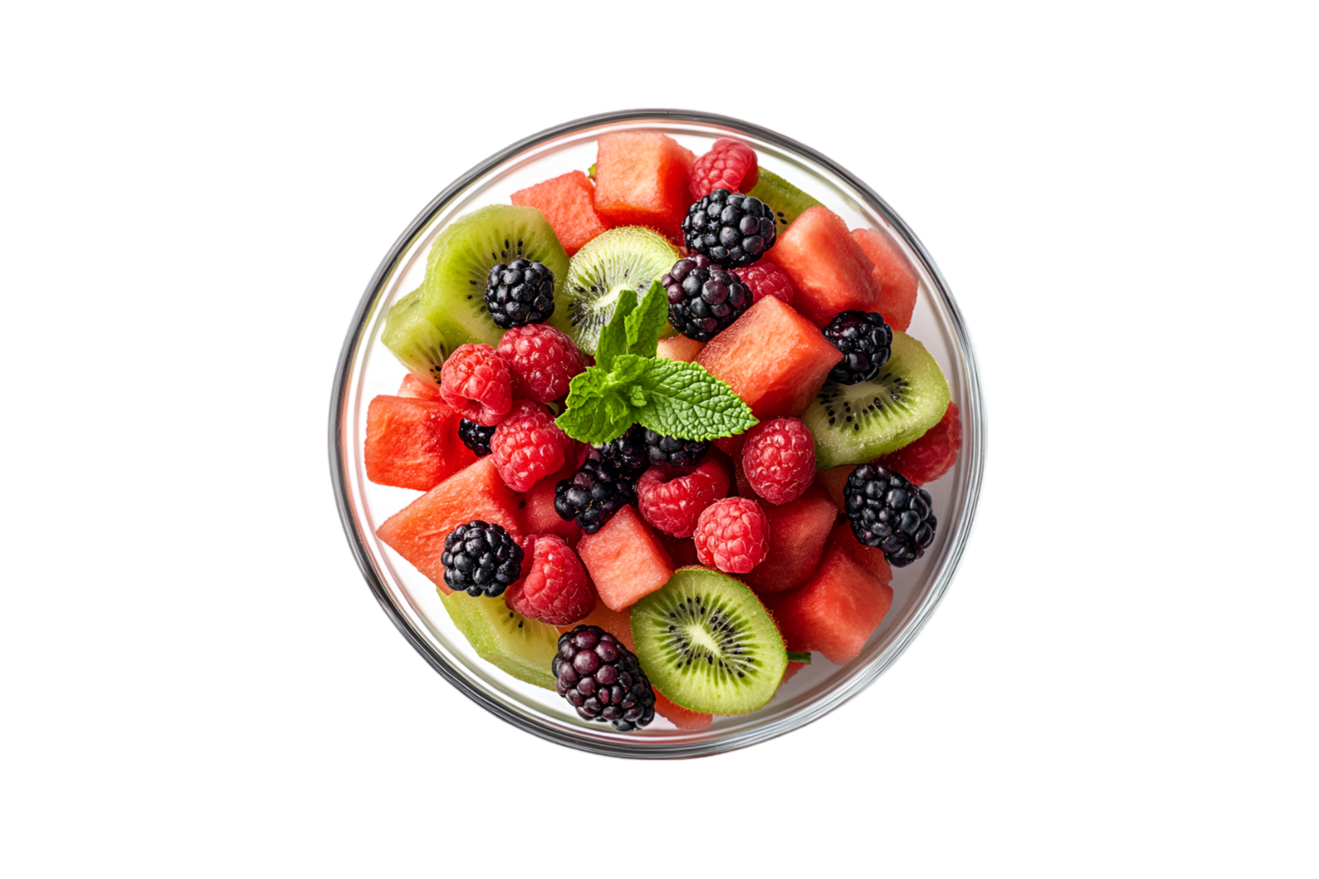 Fresh fruit salad with watermelon, kiwi, and berries isolated on a transparent background png