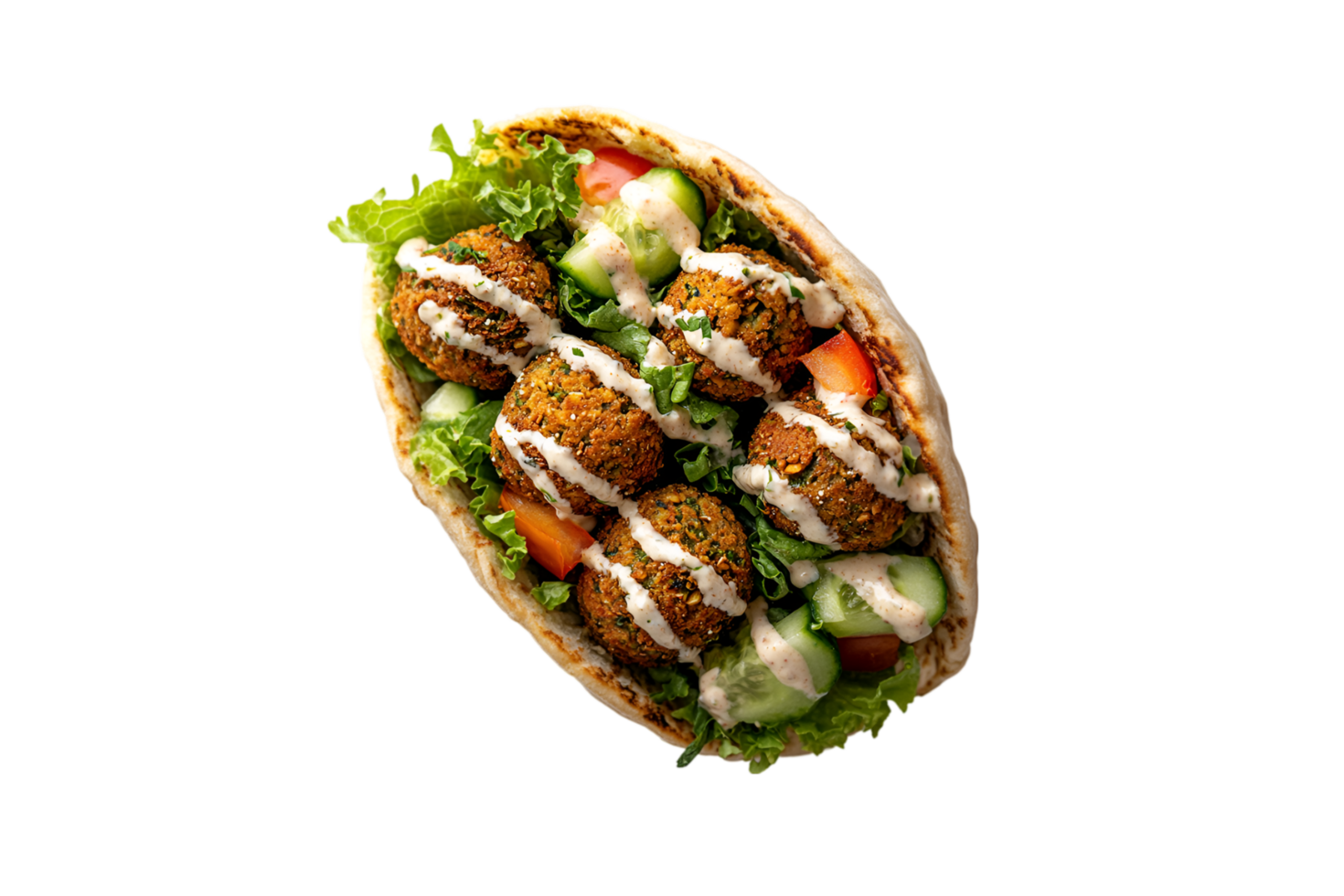 Fresh falafel pita wrap with tahini, vegetables, and cucumber on a transparent background png