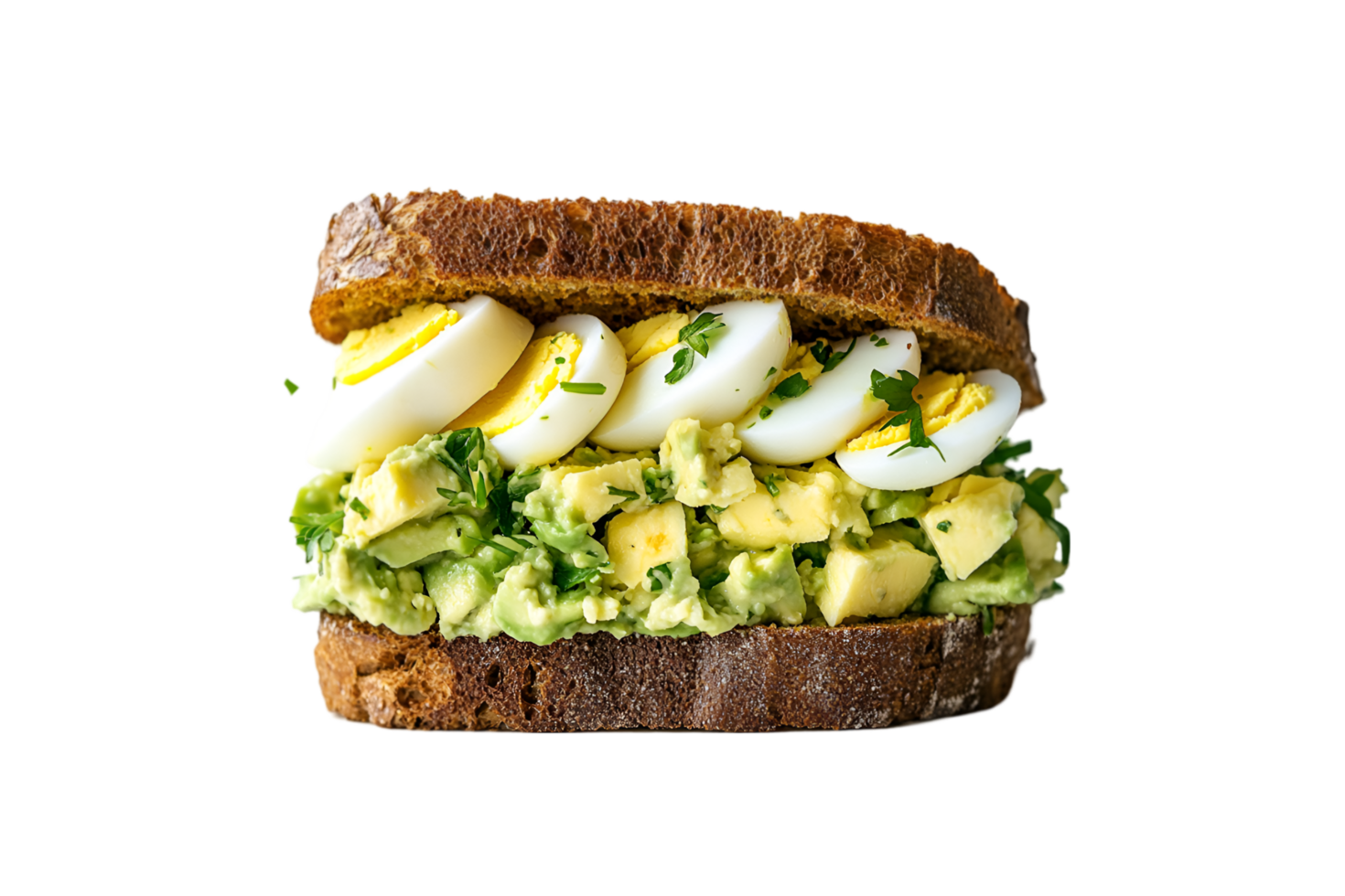 Avocado and egg sandwich on whole grain bread isolated on a transparent background png