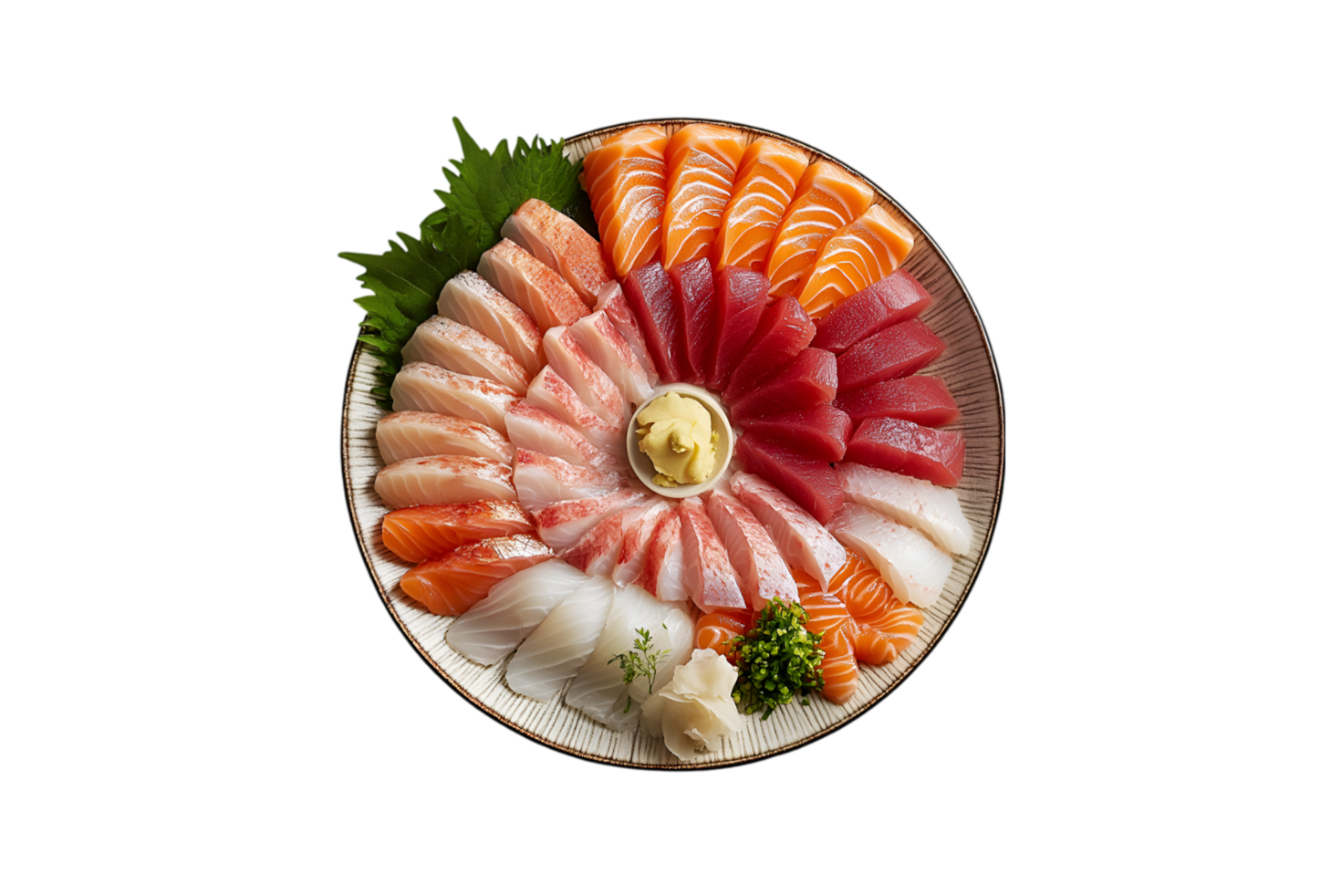 Sashimi with tuna, salmon, and wasabi on a plate isolated on a transparent background png