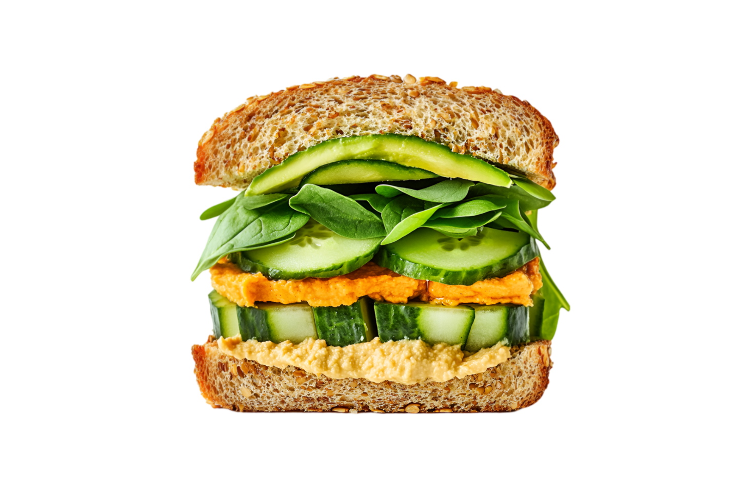 Vegetable sandwich with hummus, cucumber, and spinach on a transparent background png