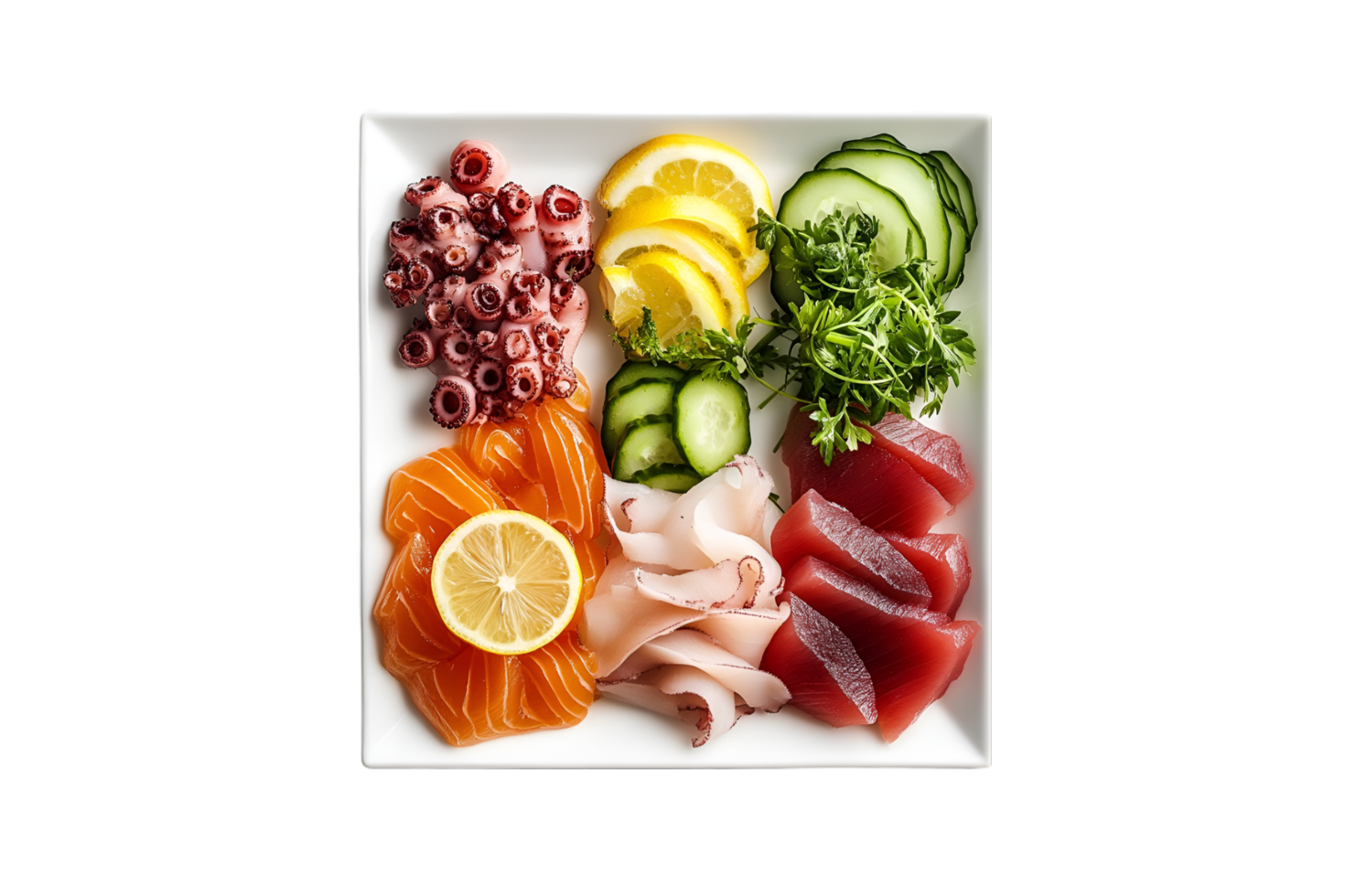 Assorted seafood sashimi plate with salmon, tuna, and octopus on a transparent background png