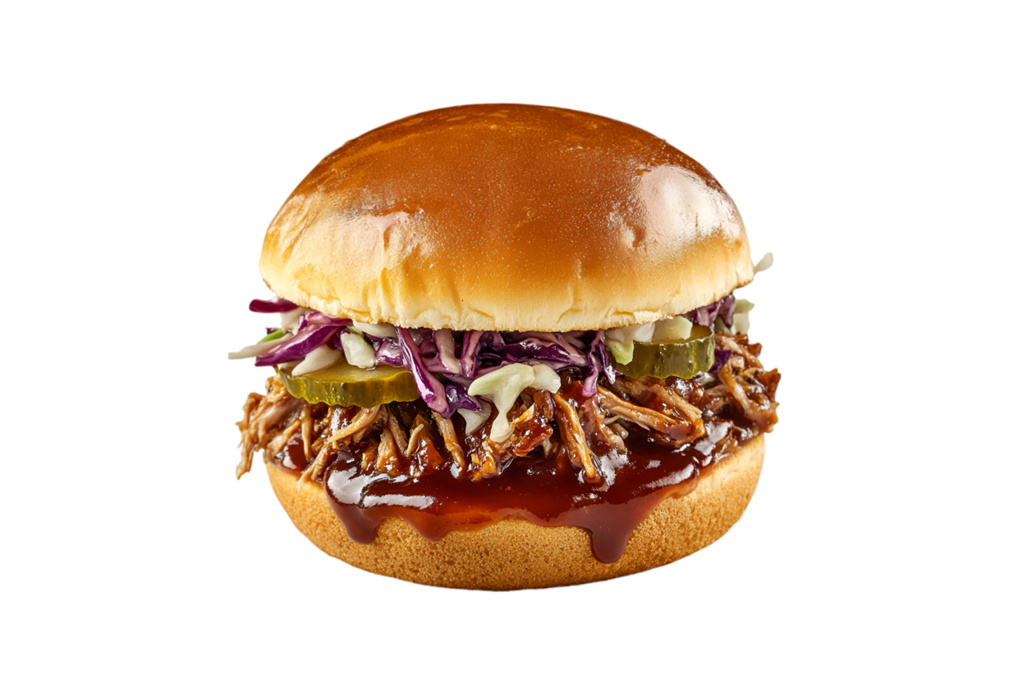 Pulled pork sandwich with coleslaw and pickles isolated on a transparent background png