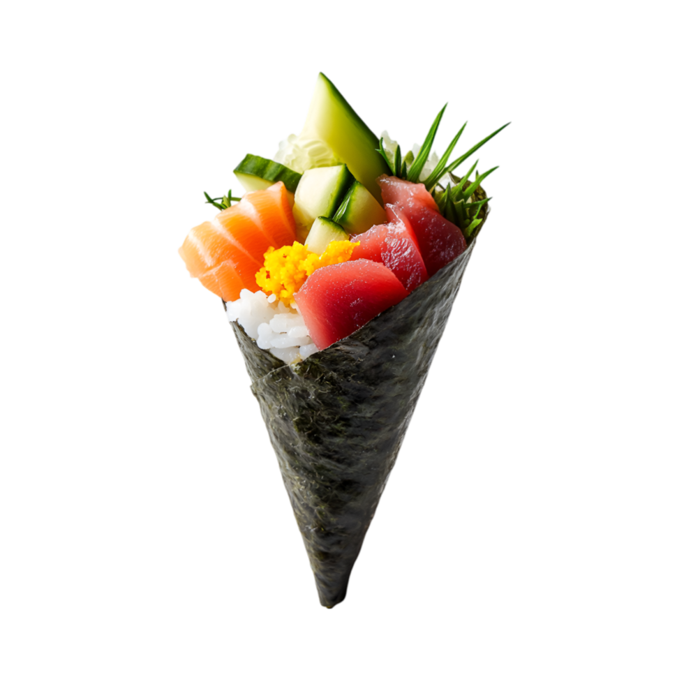 Hand roll sushi with tuna, salmon, and cucumber on a transparent background png
