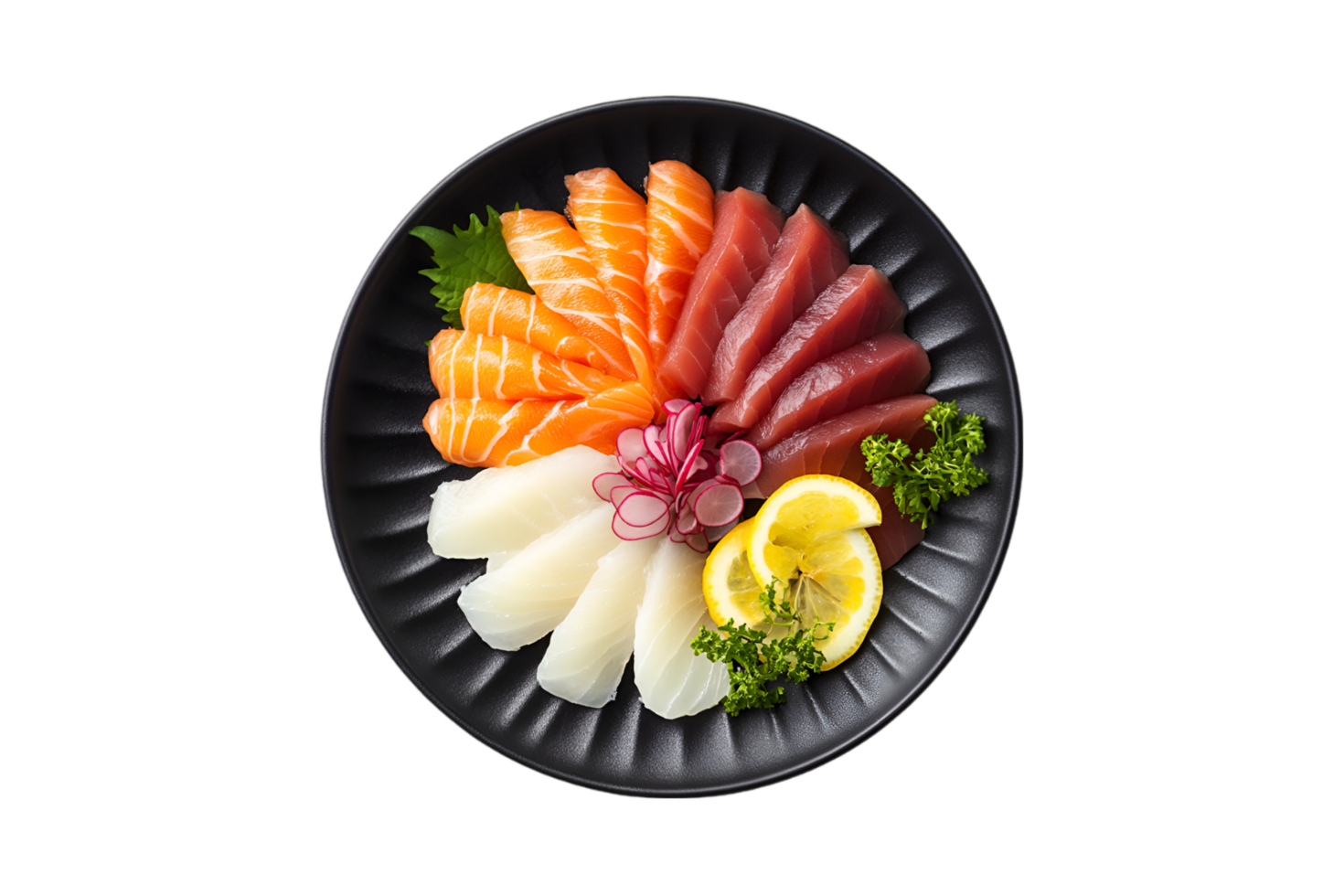 Sashimi platter with tuna and salmon on a black plate on a transparent background png