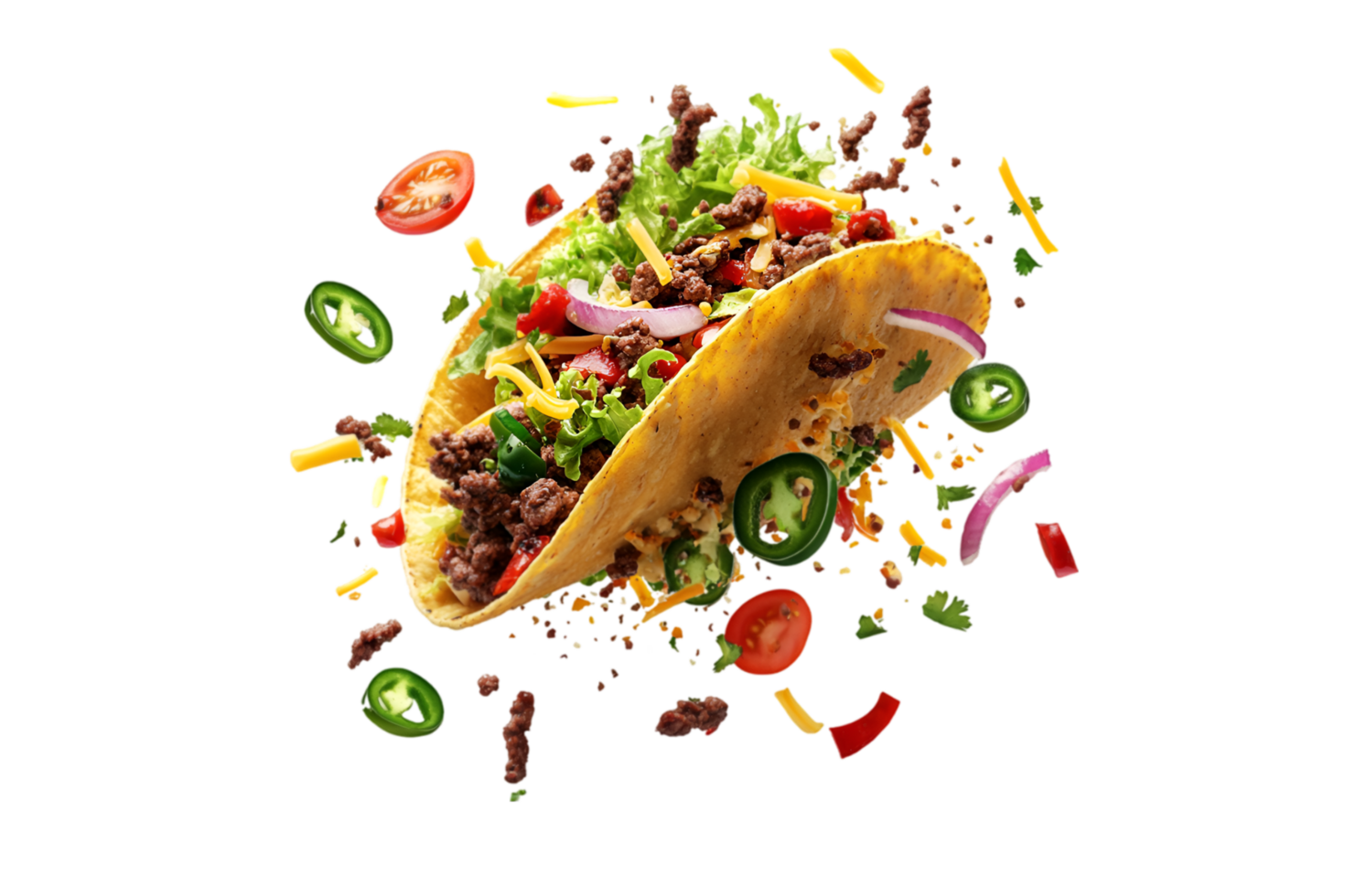 Beef taco with vegetables and cheese toppings isolated on a transparent background png