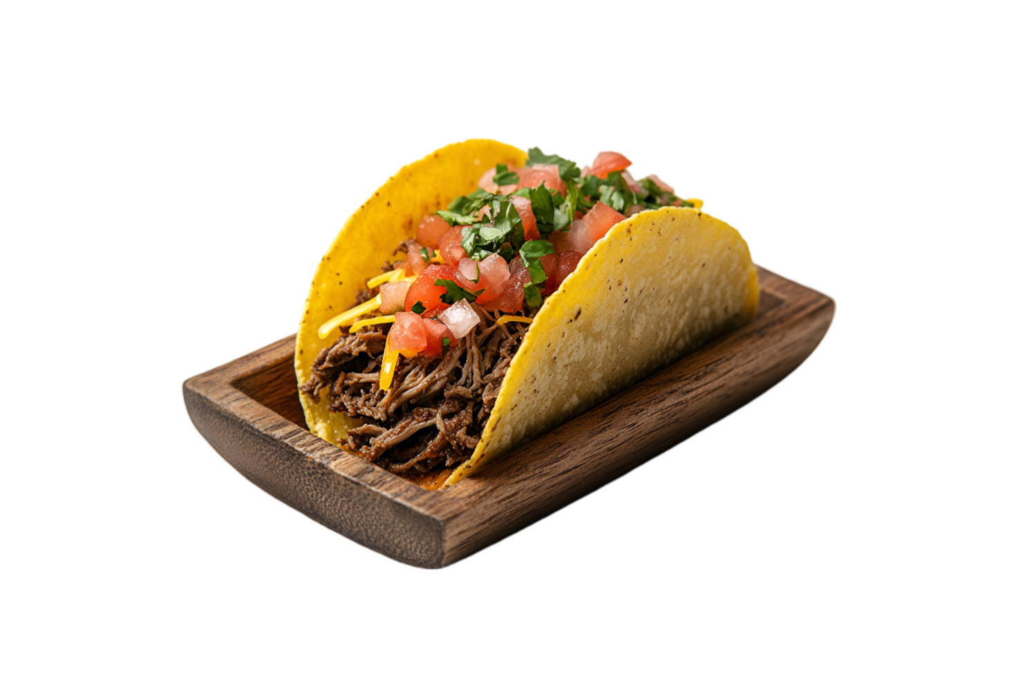 Shredded beef taco with pico de gallo in a wooden holder isolated on a transparent background png