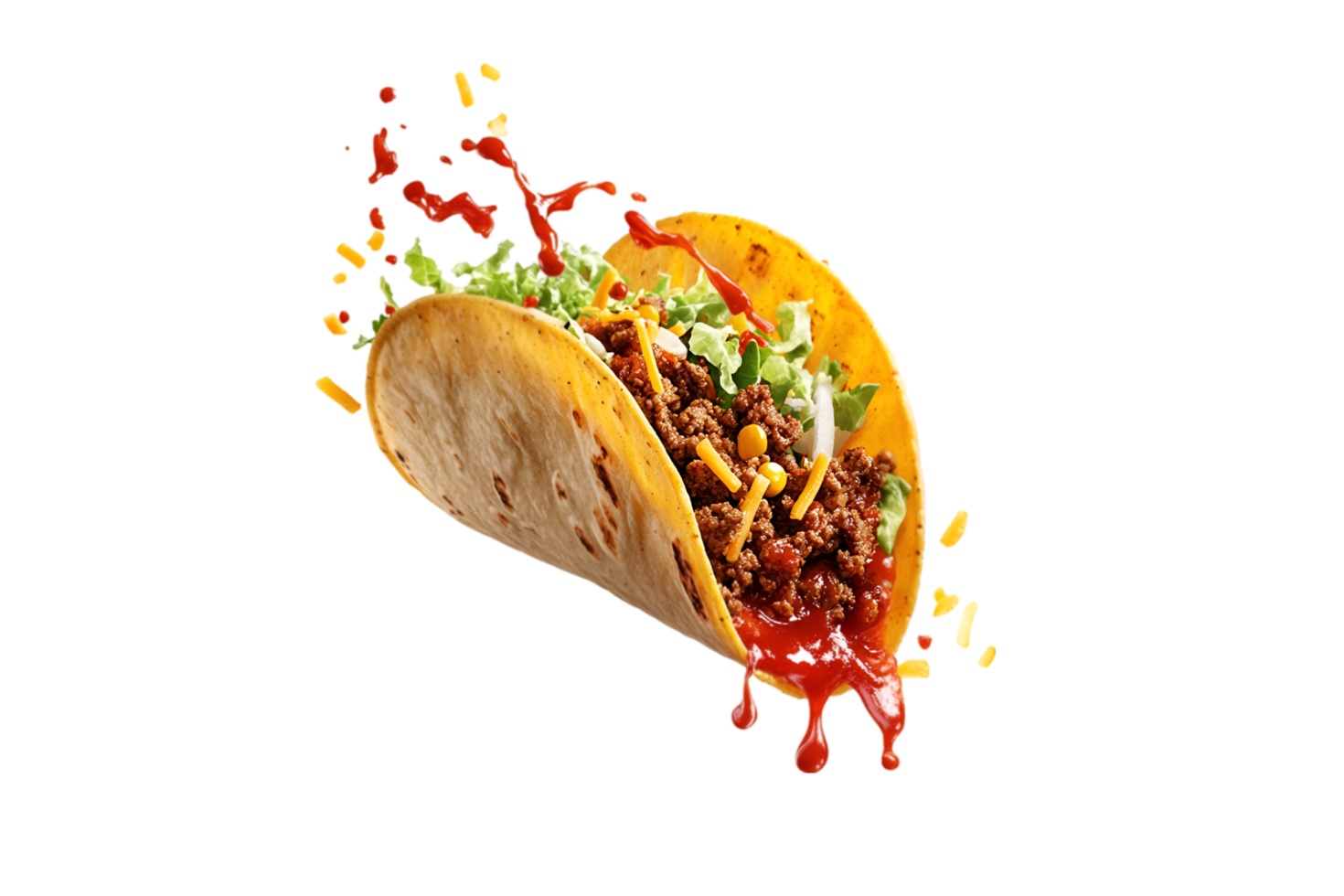 Exploding taco with ground beef, cheese, and salsa on a transparent background png