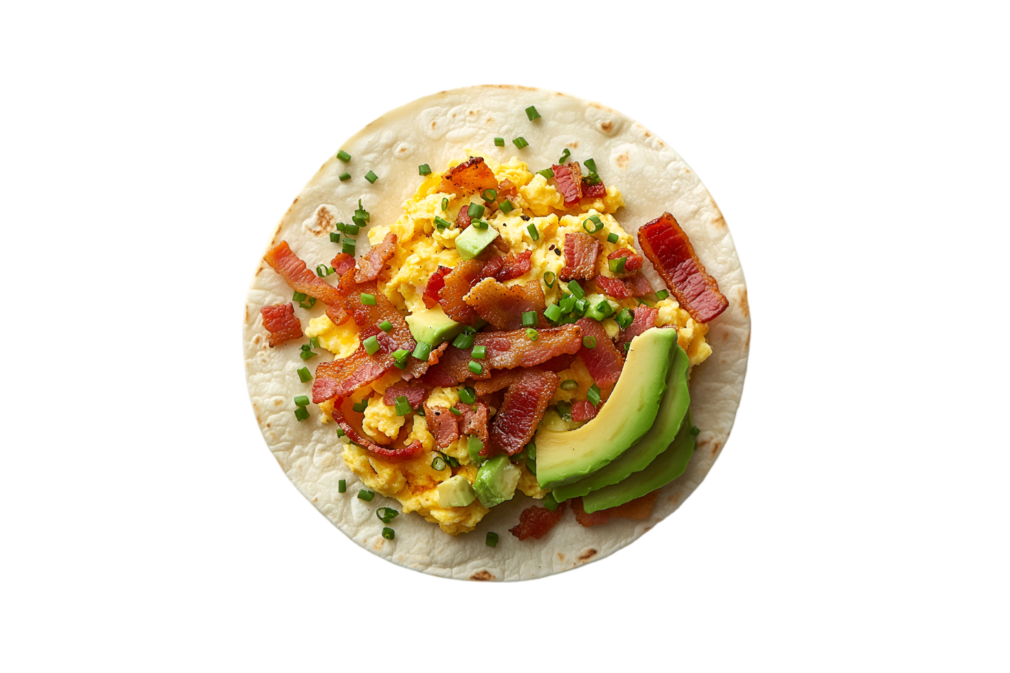 Breakfast taco with scrambled eggs, bacon, and avocado on a transparent background png