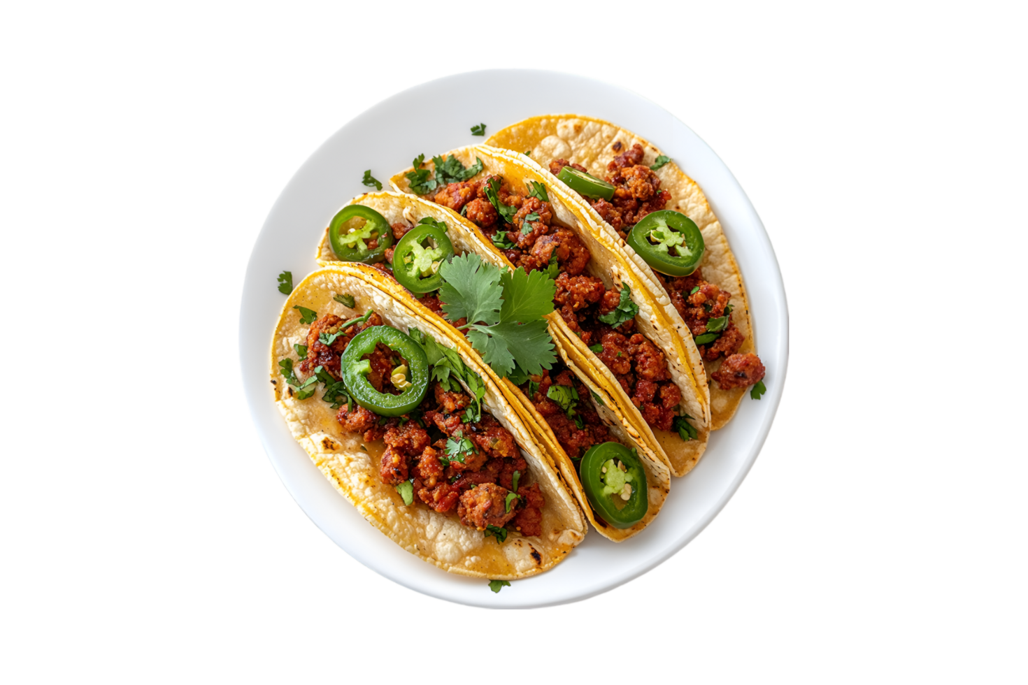 Ground beef tacos with jalapeno and cilantro on a transparent background png