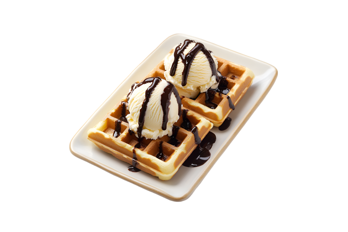 Waffles with ice cream and chocolate sauce on a transparent background png